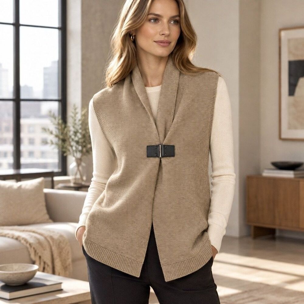 Adrienne Vittadini Women's Large Knit Sweater Vest Shawl Collar Buckle Tan